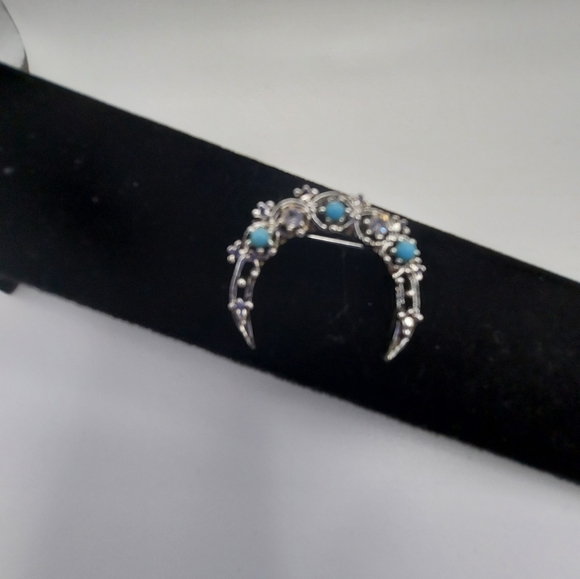 Vintage Silvertone Brooch w/ Clear Rhinestones & Turquoise Beads. VGC & Pretty! - Picture 10 of 11